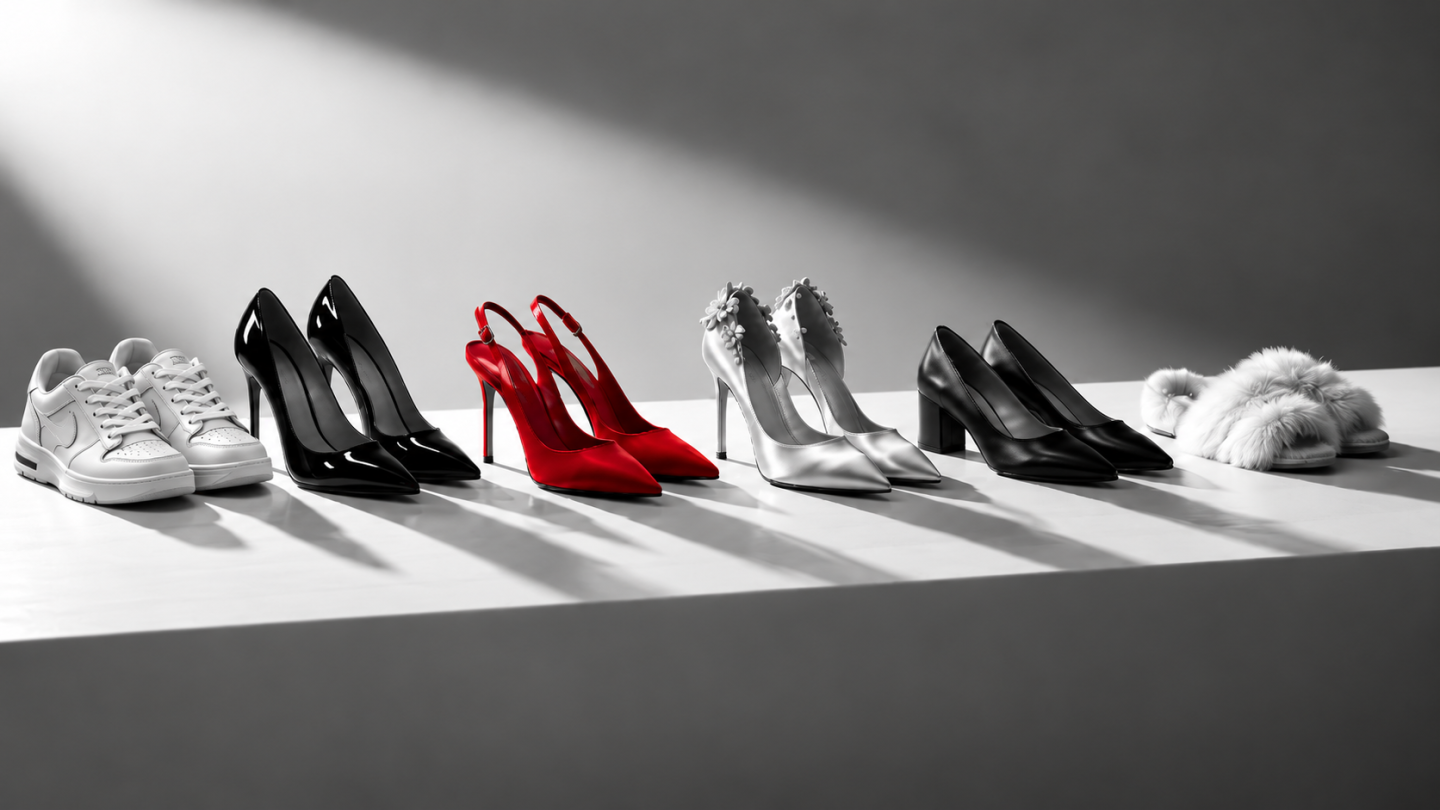 Six pairs of shoes which shows six stages a women goes through in her life.